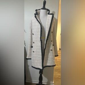 Fashion Nova Cream and Black Trim Tweed Long Blazer Coat
